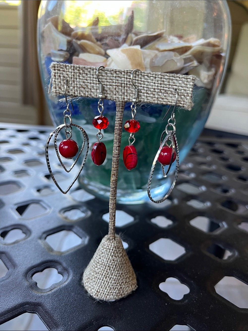 Red Bead Drop Earrings - Silver Tone